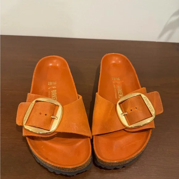 Birkenstock Madrid Big Buckle | Tan/Orange Slides with Gold Buckle - Picture 3 of 15